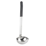 A dishwasher safe, stainless steel ladle with a deep, round bowl and a long handle featuring a black, non-slip grip at the top. The utensil is photographed against a plain white background.
