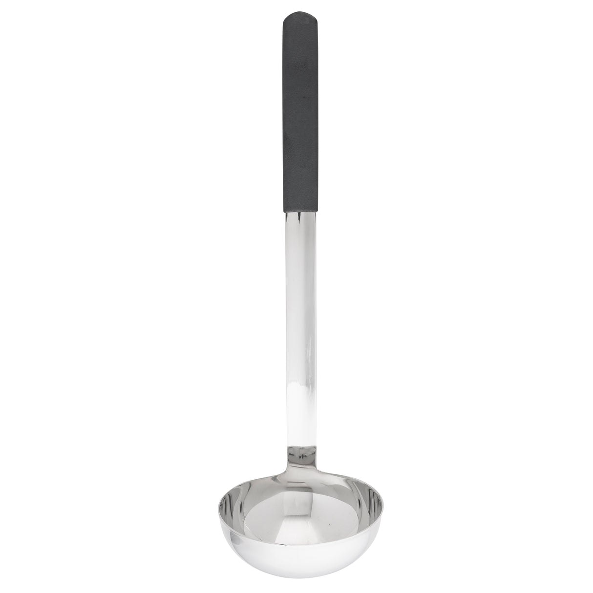 A stainless steel ladle with a deep, round bowl and a long handle features a black rectangular grip. This dishwasher safe ladle is positioned vertically against a white background.