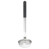 A stainless steel ladle with a deep, round bowl and a long handle features a black rectangular grip. This dishwasher safe ladle is positioned vertically against a white background.