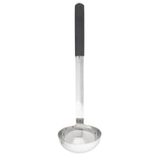 A stainless steel ladle with a deep, round bowl and a long handle features a black rectangular grip. This dishwasher safe ladle is positioned vertically against a white background.