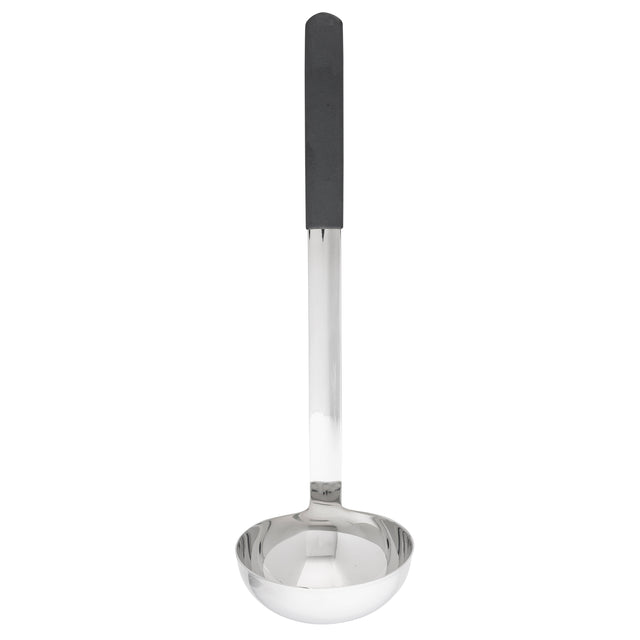 A stainless steel ladle with a deep, round bowl and a long handle features a black rectangular grip. This dishwasher safe ladle is positioned vertically against a white background.
