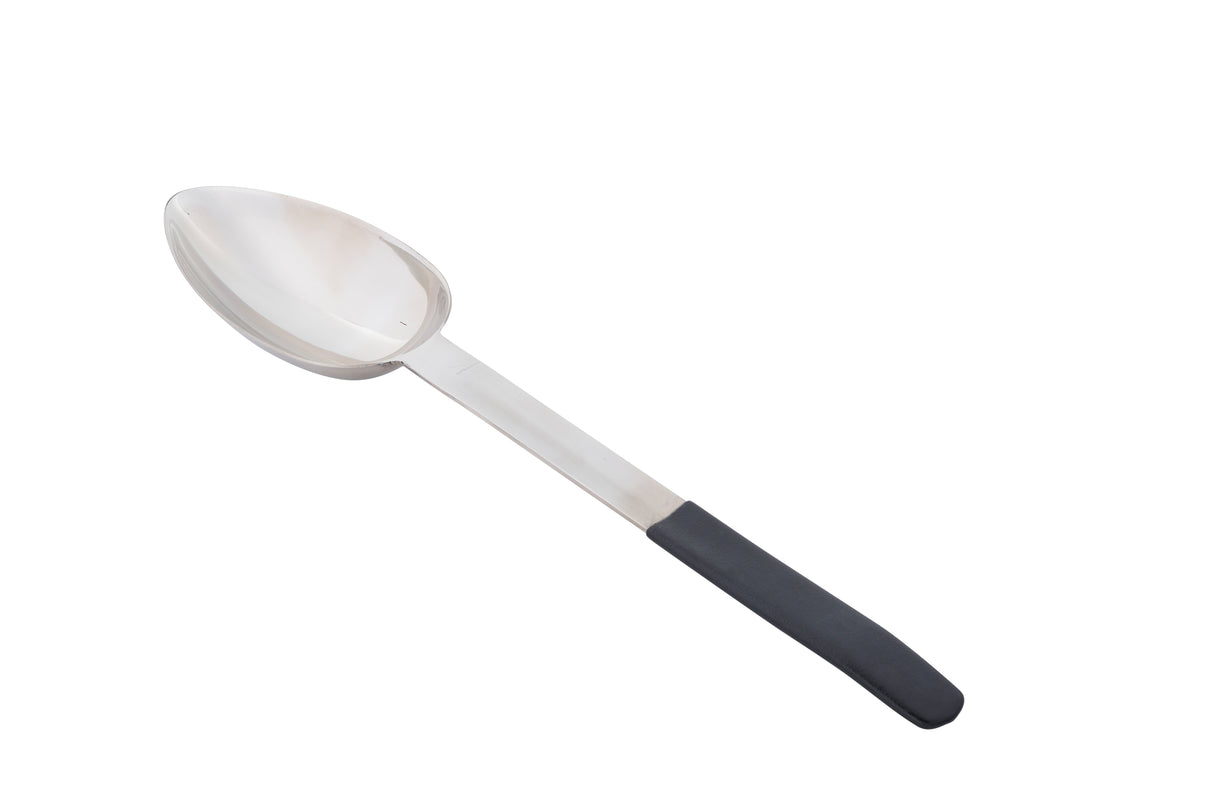 A stainless steel serving spoon with a deep oval bowl and a long handle, featuring a black non-slip grip at the end. Dishwasher safe, the spoon is positioned diagonally on a plain white background.