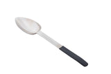 A stainless steel serving spoon with a deep oval bowl and a long handle, featuring a black non-slip grip at the end. Dishwasher safe, the spoon is positioned diagonally on a plain white background.
