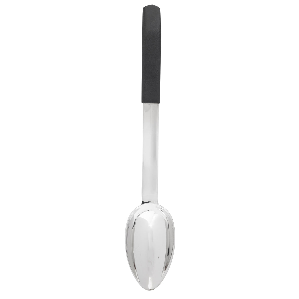 A shiny, stainless steel serving spoon is shown vertically, with its handle at the top. The handle is partially covered with a black, rectangular grip. The plain white background highlights the dishwasher safe spoon’s reflective surface and modern design.
