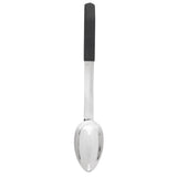A shiny, stainless steel serving spoon is shown vertically, with its handle at the top. The handle is partially covered with a black, rectangular grip. The plain white background highlights the dishwasher safe spoon’s reflective surface and modern design.