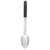 A shiny, stainless steel serving spoon is shown vertically, with its handle at the top. The handle is partially covered with a black, rectangular grip. The plain white background highlights the dishwasher safe spoon’s reflective surface and modern design.