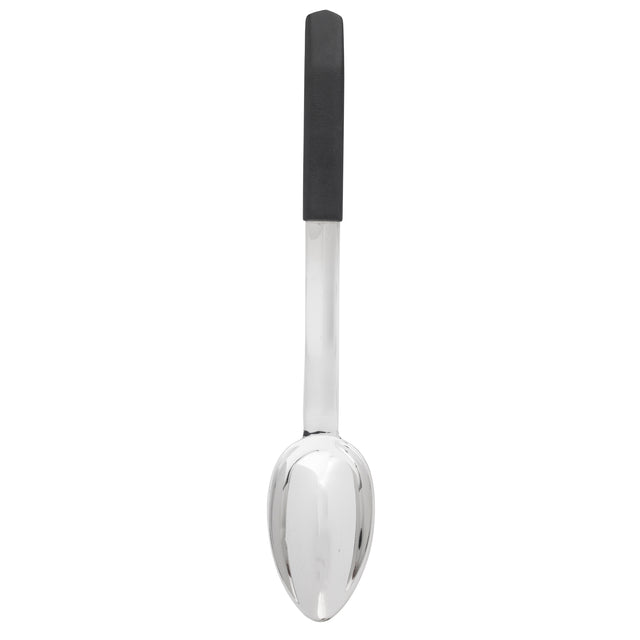 A shiny, stainless steel serving spoon is shown vertically, with its handle at the top. The handle is partially covered with a black, rectangular grip. The plain white background highlights the dishwasher safe spoon’s reflective surface and modern design.