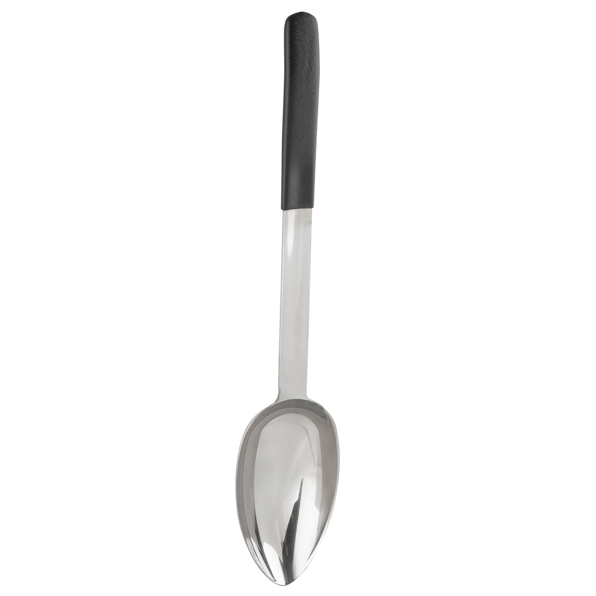 A large stainless steel serving spoon with a shiny, oval-shaped bowl and a long handle. The black top provides a non-slip grip, while the antimicrobial serving spoon design ensures safety. Oriented vertically on a white background.