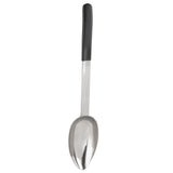 A large stainless steel serving spoon with a shiny, oval-shaped bowl and a long handle. The black top provides a non-slip grip, while the antimicrobial serving spoon design ensures safety. Oriented vertically on a white background.