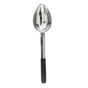 A stainless steel slotted serving spoon with an oval bowl featuring two vertical slots. The handle is silver with a black, textured grip at the end. This antimicrobial serving spoon is shown against a plain white background.