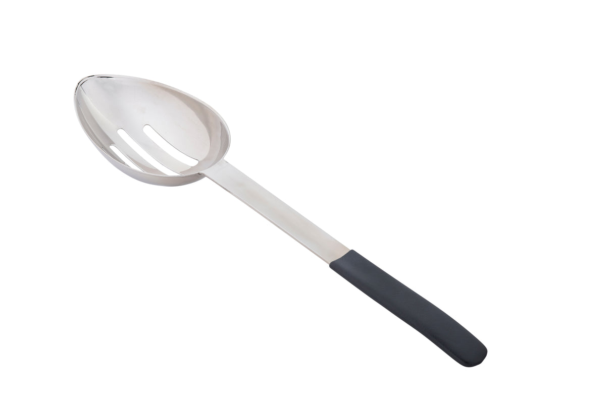 A stainless steel slotted serving spoon with an oval-shaped, perforated bowl and a long handle. The handle features a dark gray, non-slip grip. The background is plain white.