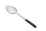 A stainless steel slotted serving spoon with an oval-shaped, perforated bowl and a long handle. The handle features a dark gray, non-slip grip. The background is plain white.