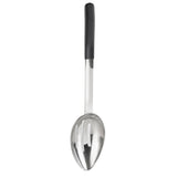 A large Stainless Steel serving spoon with a deep, oval-shaped bowl and a straight handle featuring a black, textured grip at the top. The spoon is positioned vertically against a white background.