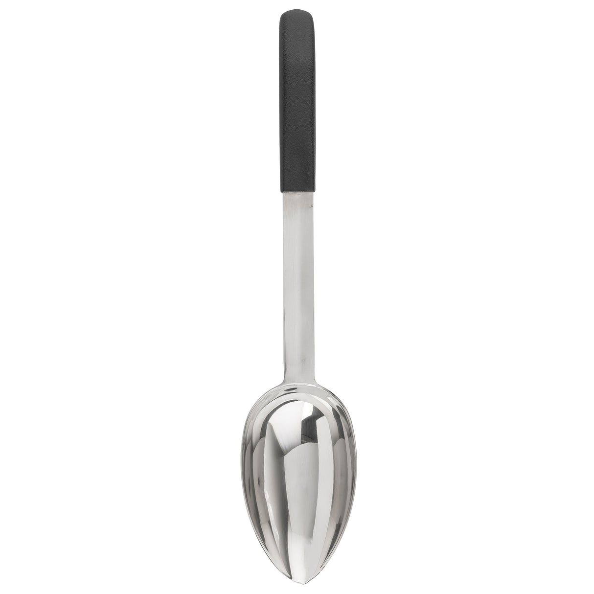 A stainless steel serving spoon with a deep, oval-shaped bowl and a long, straight handle topped with a black, non-slip grip. This dishwasher safe spoon is photographed against a plain white background.