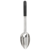 A stainless steel serving spoon with a deep, oval-shaped bowl and a long, straight handle topped with a black, non-slip grip. This dishwasher safe spoon is photographed against a plain white background.