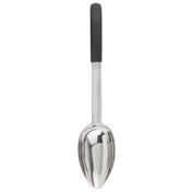 A stainless steel serving spoon with a deep, oval-shaped bowl and a long, straight handle topped with a black, non-slip grip. This dishwasher safe spoon is photographed against a plain white background.