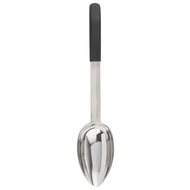 A stainless steel serving spoon with a deep, oval-shaped bowl and a long, straight handle topped with a black, non-slip grip. This dishwasher safe spoon is photographed against a plain white background.