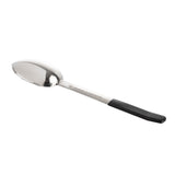 This antimicrobial serving spoon features a polished, oval-shaped stainless steel bowl and a long handle with a matte black grip for comfort and better hold. The dishwasher safe spoon is isolated on a white background.