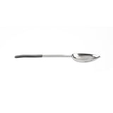 A large stainless steel antimicrobial serving spoon with a deep, oval-shaped bowl and a long handle. The mostly metallic handle features a black, non-slip grip. Dishwasher safe and isolated on a plain white background.