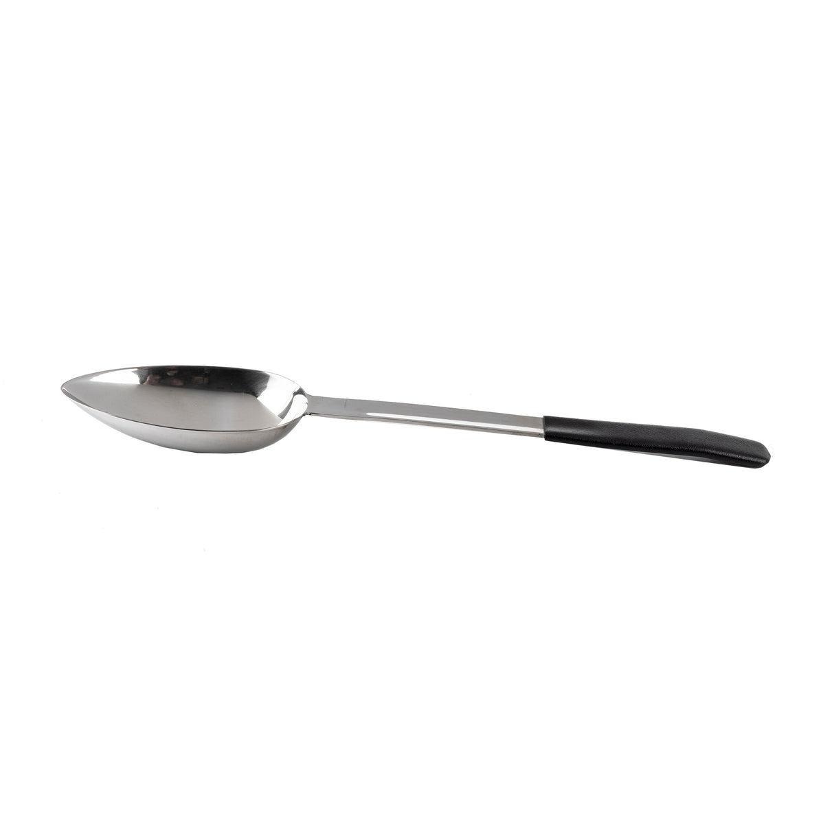 A large stainless steel serving spoon with a deep, oval-shaped bowl and a long handle. The silver handle features a black, non-slip grip at the end. This antimicrobial serving spoon is isolated on a white background.