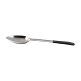 A large stainless steel serving spoon with a deep, oval-shaped bowl and a long handle. The silver handle features a black, non-slip grip at the end. This antimicrobial serving spoon is isolated on a white background.