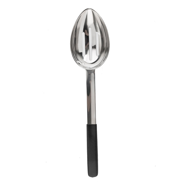 A stainless steel slotted serving spoon with an oval-shaped bowl and two elongated slots. The handle is metallic with a black, non-slip grip at the end. The spoon is photographed on a plain white background.