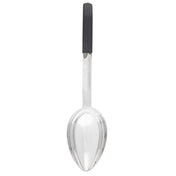 A stainless steel serving spoon with a polished, reflective bowl and a long handle featuring a black, rectangular grip at the end. This antimicrobial serving spoon is shown vertically against a white background.