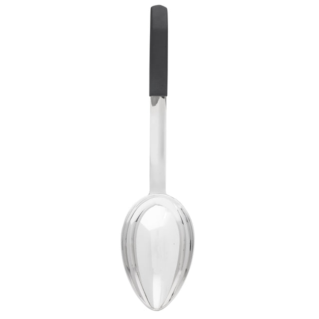 A stainless steel serving spoon with a polished, reflective bowl and a long handle featuring a black, rectangular grip at the end. This antimicrobial serving spoon is shown vertically against a white background.