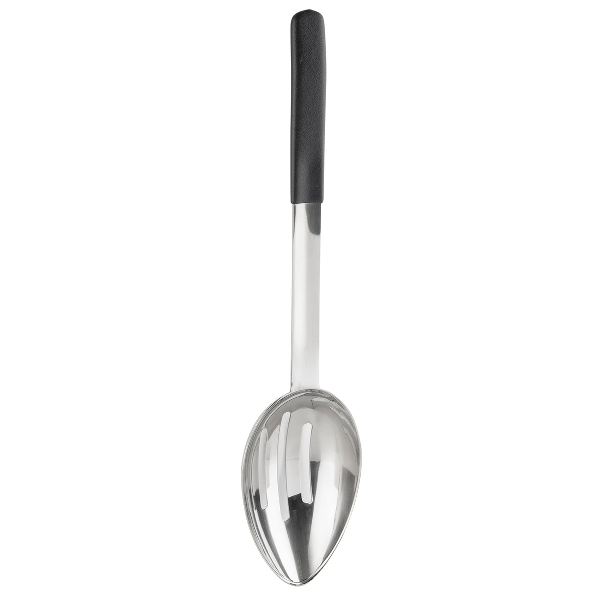 A large, shiny stainless steel serving spoon with a deep, oval bowl and a straight handle. The black handle appears to be made of plastic or rubber, providing a secure grip. The spoon is photographed against a plain white background.
