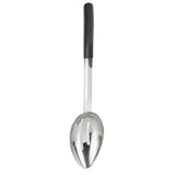A large, shiny stainless steel serving spoon with a deep, oval bowl and a straight handle. The black handle appears to be made of plastic or rubber, providing a secure grip. The spoon is photographed against a plain white background.