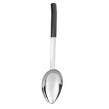 A large stainless steel serving spoon with a deep, oval-shaped bowl and a long handle. The silver handle features a black, textured grip at the top. Dishwasher safe and isolated on a white background.