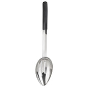 A large stainless steel serving spoon with a deep, oval-shaped bowl and a long handle. The silver handle features a black, textured grip at the top. The antimicrobial serving spoon is photographed on a white background.