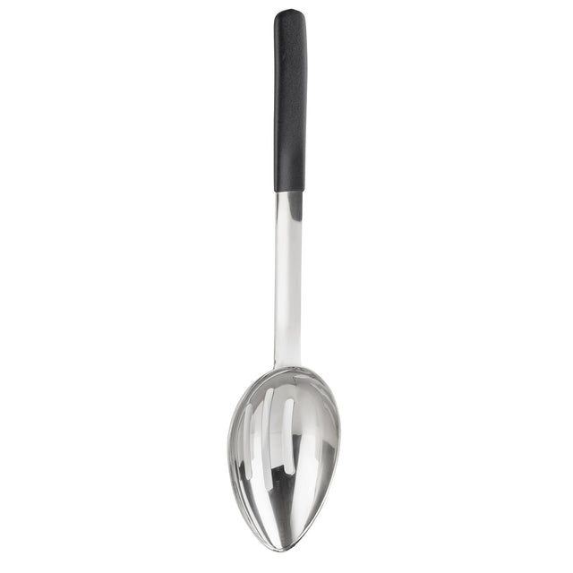 A large stainless steel serving spoon with a deep, oval-shaped bowl and a long handle. The silver handle features a black, textured grip at the top. The antimicrobial serving spoon is photographed on a white background.