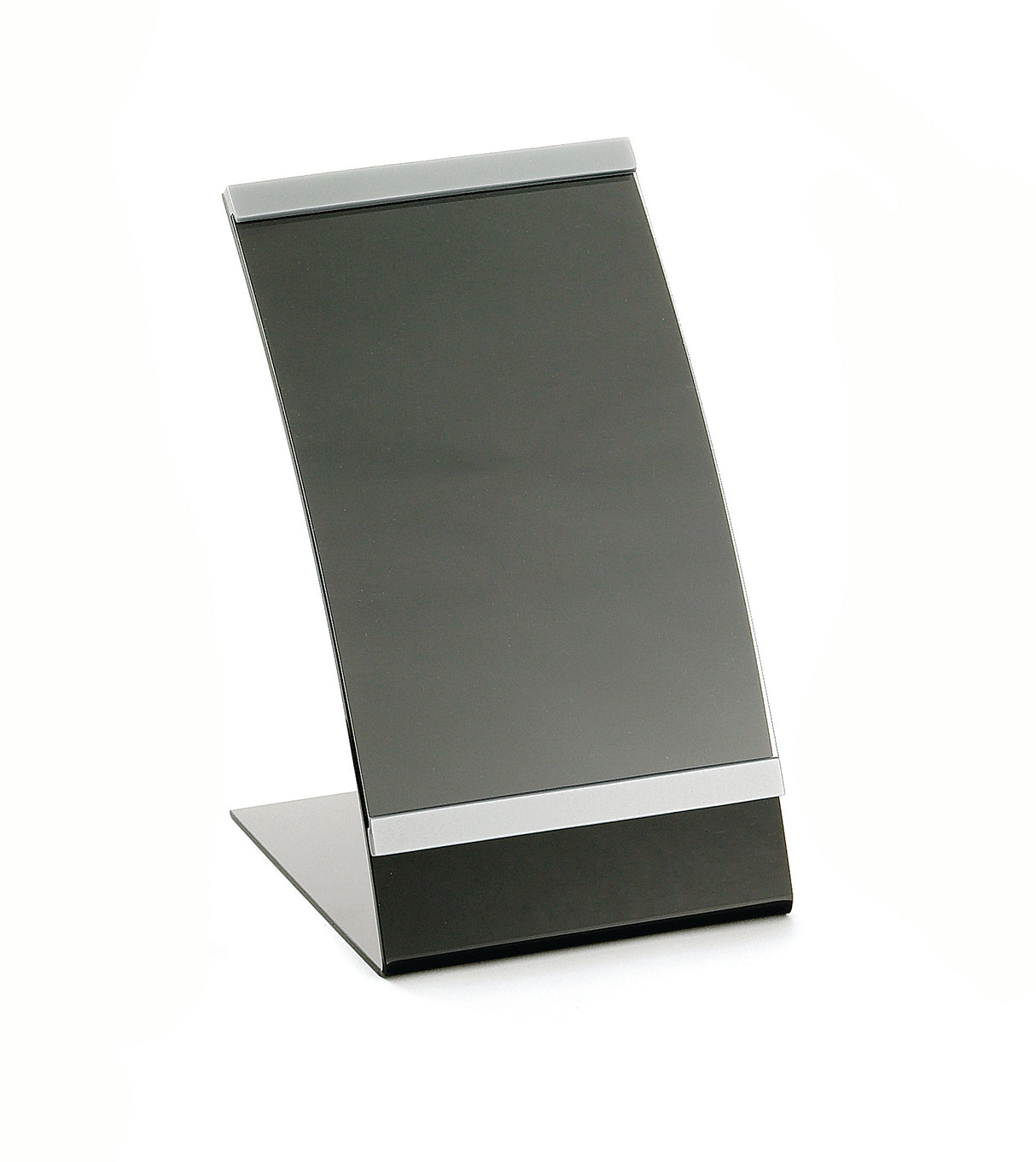 A sleek, black acrylic menu holder with a curved back and gray top edge, perfect for holding signs or informational cards. The glossy, blank surface stands out on a flat white background.
