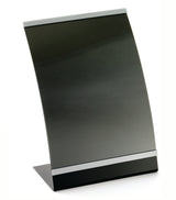 A sleek, curved, black acrylic menu holder with silver edges, designed to display signs or information sheets. The stand is photographed against a plain white background, highlighting its modern and minimalist style.