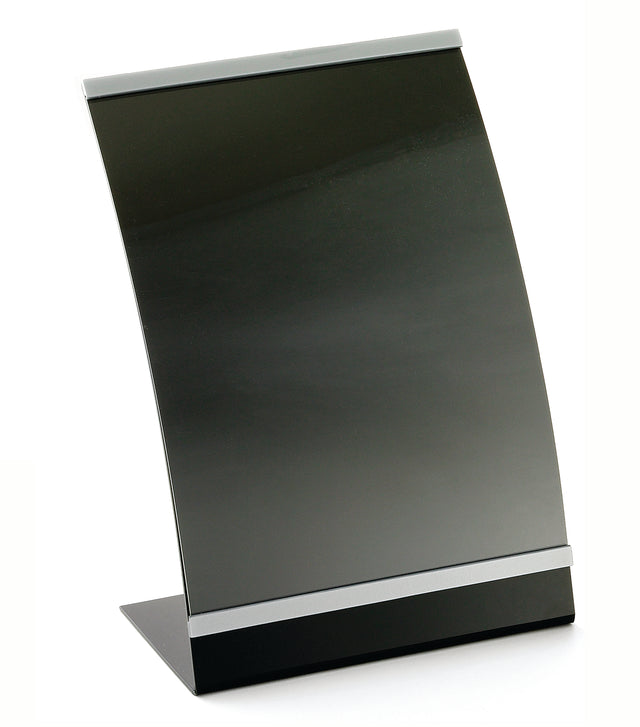 A sleek, curved, black acrylic menu holder with silver edges, designed to display signs or information sheets. The stand is photographed against a plain white background, highlighting its modern and minimalist style.