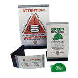 A collection of restaurant signs—including an acrylic mask mandate notice, a “GREEN MEANS GO” sanitized table sign, a gift cards promo, and a green “CLEAN” table marker—all aimed at promoting safety and cleanliness for customers.