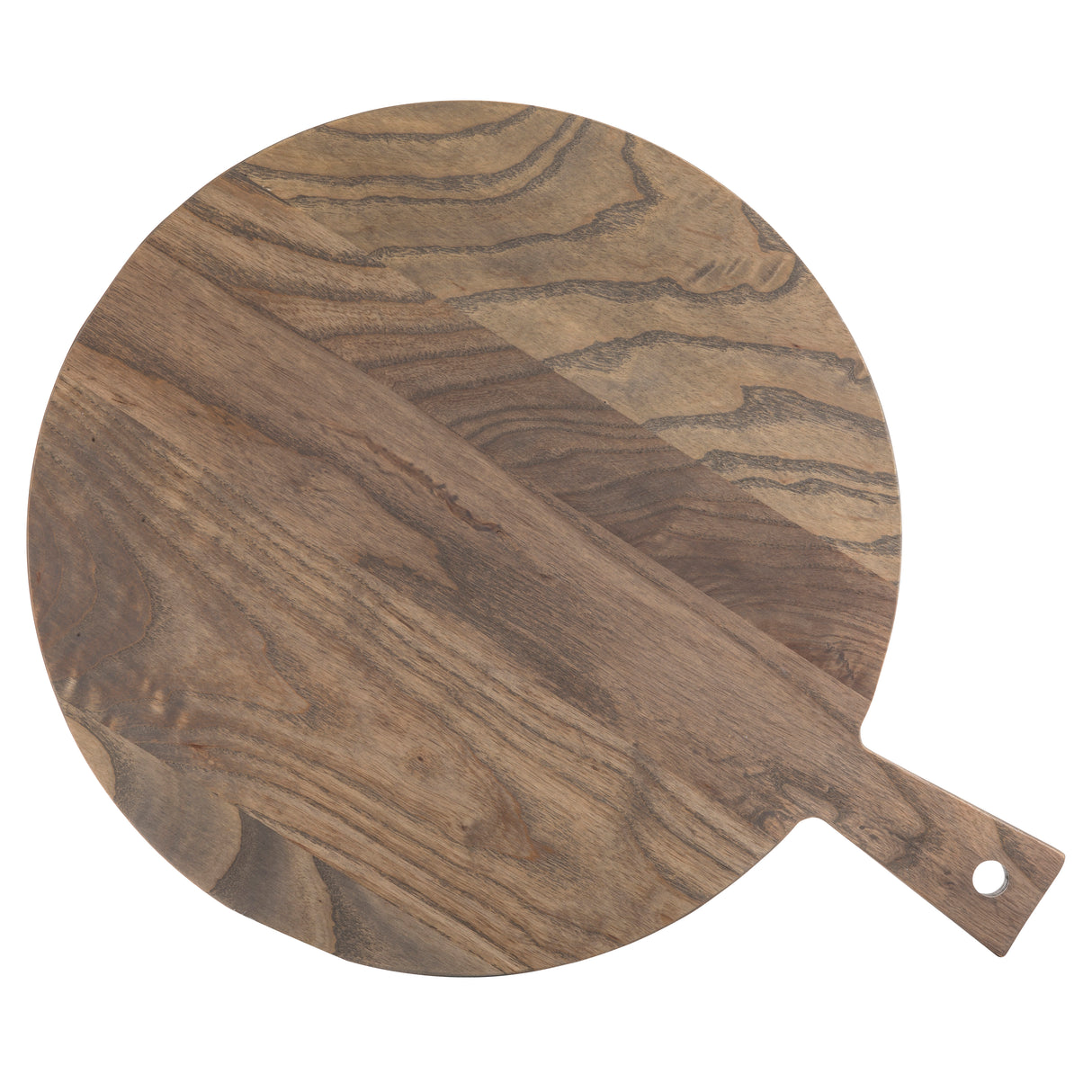 A round Ashwood paddle display board with a handle, featuring natural wood grain patterns and a small hole at the end for hanging. This TableCraft wood display board is photographed on a white background.