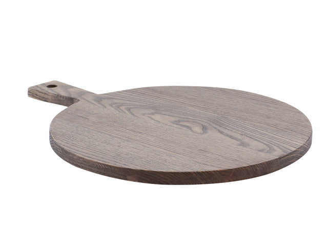A round serving board with a natural wood grain pattern, featuring a short handle with a hole at the end for hanging. The board is placed on a white background, and its surface appears smooth and clean.