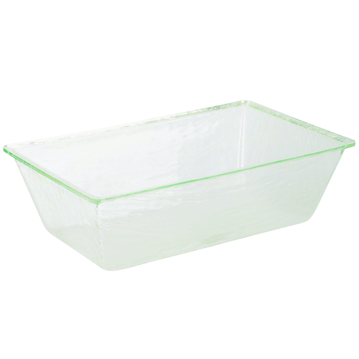 A clear, rectangular acrylic glass loaf pan with slightly flared sides and smooth edges, shown on a white background. The pan has a transparent, lightly textured surface and is dishwasher safe for easy cleaning.
