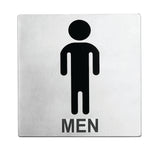 A stainless steel Men Restroom Sign featuring a simple black stick figure above the bold word MEN. The minimalistic design is easy to read and comes with pressure sensitive adhesive for effortless installation.