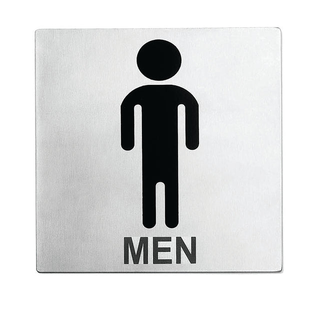 A stainless steel Men Restroom Sign featuring a simple black stick figure above the bold word MEN. The minimalistic design is easy to read and comes with pressure sensitive adhesive for effortless installation.