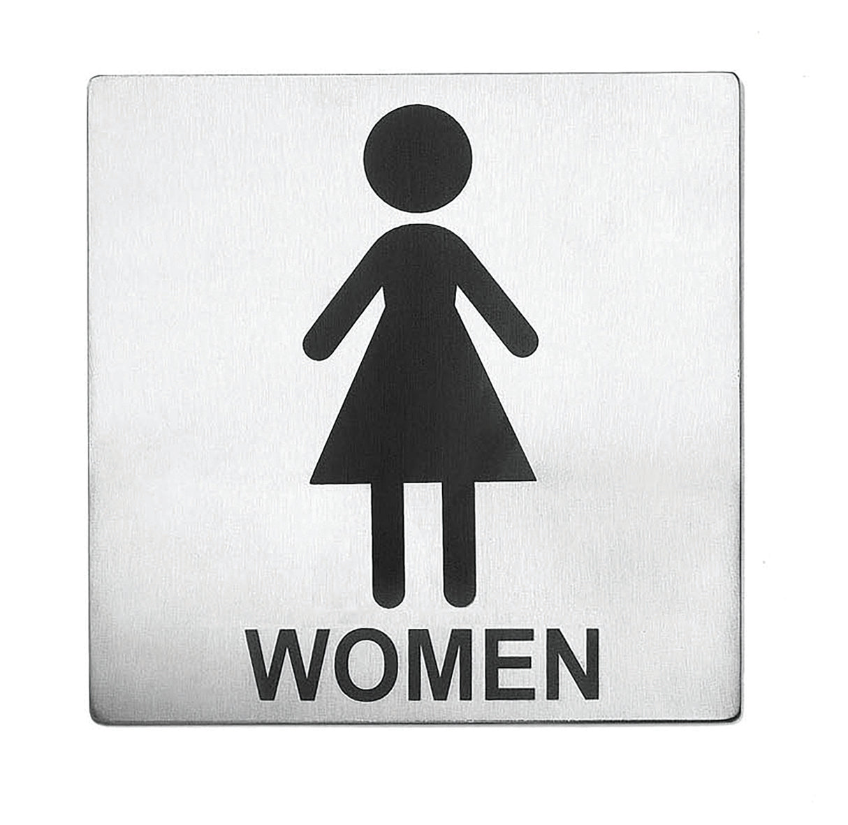 A metallic square Women Restroom Sign features a simple black stick figure in a dress above the word WOMEN in bold capitals. Crafted from stainless steel with a brushed texture, it boasts a minimalist design and easy installation with pressure sensitive adhesive.