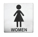 A metallic square Women Restroom Sign features a simple black stick figure in a dress above the word WOMEN in bold capitals. Crafted from stainless steel with a brushed texture, it boasts a minimalist design and easy installation with pressure sensitive adhesive.