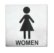 A metallic square Women Restroom Sign features a simple black stick figure in a dress above the word WOMEN in bold capitals. Crafted from stainless steel with a brushed texture, it boasts a minimalist design and easy installation with pressure sensitive adhesive.