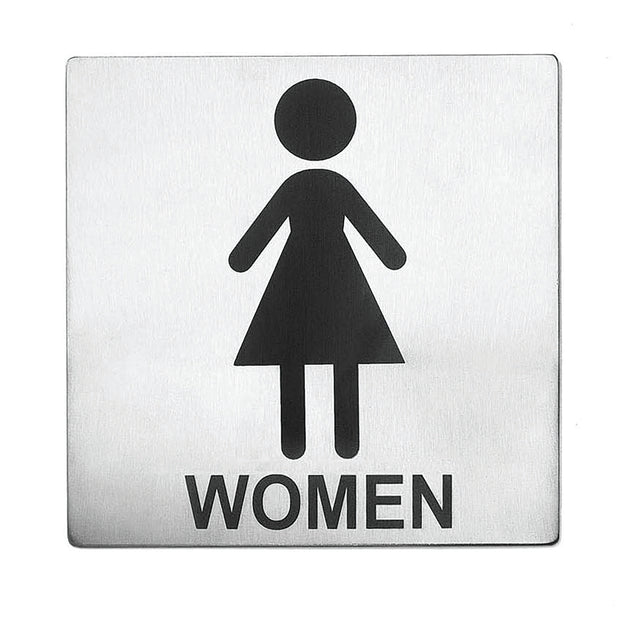 A metallic square Women Restroom Sign features a simple black stick figure in a dress above the word WOMEN in bold capitals. Crafted from stainless steel with a brushed texture, it boasts a minimalist design and easy installation with pressure sensitive adhesive.