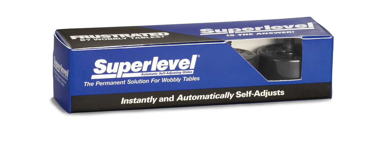 A blue rectangular box for “Superlevel” Table Glide self-adjusting glides, labeled as “The Permanent Solution For Wobbly Tables.” The box highlights a 500 lb. capacity and says, “Instantly and Automatically Self-Adjusts.” Black glides are partially visible.