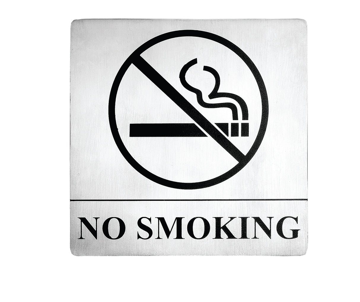 A stainless steel No Smoking sign features a bold black no smoking symbol—a lit cigarette crossed out—above NO SMOKING in large letters on a white background, with pressure sensitive adhesive for easy mounting.
