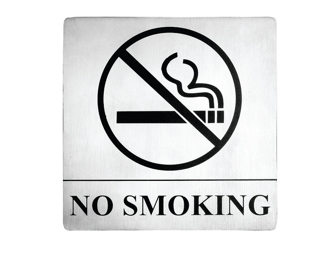 A stainless steel No Smoking sign features a bold black no smoking symbol—a lit cigarette crossed out—above NO SMOKING in large letters on a white background, with pressure sensitive adhesive for easy mounting.