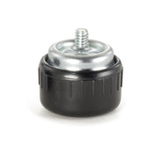A close-up image of a Table Shox self-adjusting glide, a black plastic and metal leveling foot with a threaded stud on top for height adjustment. The foot has a ridged side for grip, a shiny metallic top with screw, and a white background.